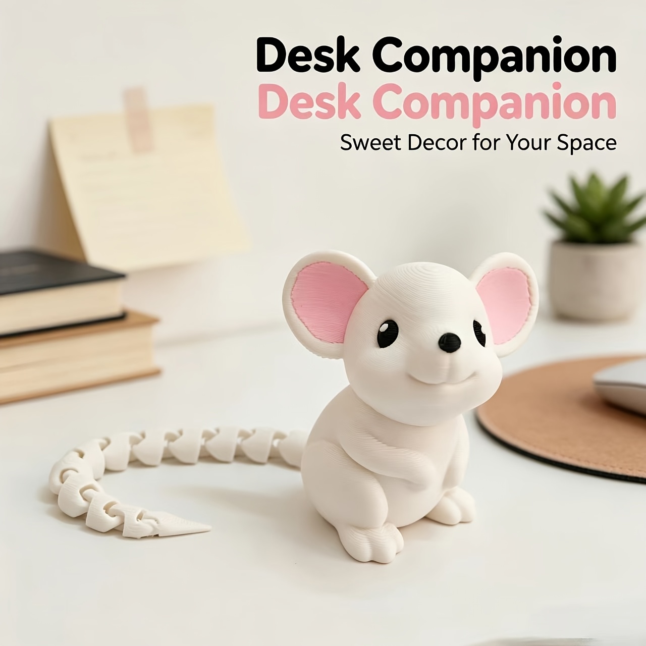 TEMU 3d Printed Cute Sitting Mouse Figure, Sweet And White Mouse Ornament, Multi-joint Flexible Long Tail, Relaxing And Stress- Pose; Desktop