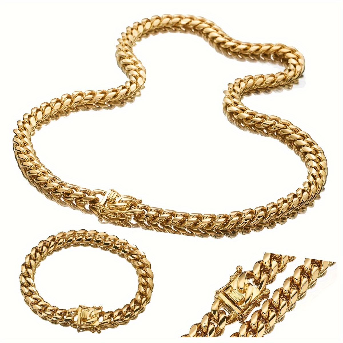 

2pcs Mens Golden Stainless Steel Cuban Chain Fashion Bracelet Necklace Jewelry Set