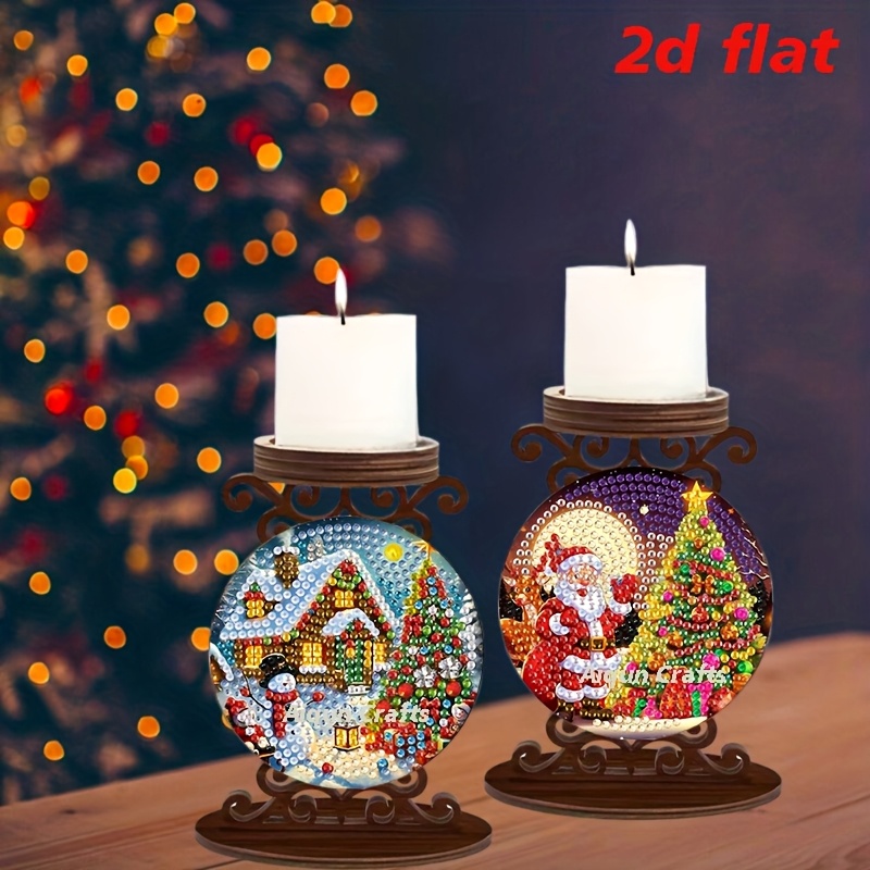 E-shop 2D Flat/2 Stück/Kerze mit Weihnachtsmann, Schneemann- und -Motiven, Diamant Malerei, Neuheit Kerzenständer Kombination Set, Doppel-Panel