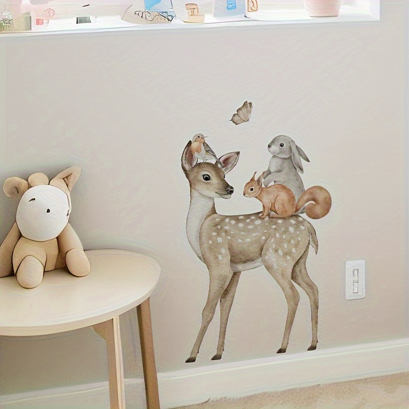 

Cute Sika Deer Wall Decals Stickers, Cartoon Animal Wall Decals, Rabbit Butterfly Removable Peel And Stick For Home Office Living Room Bedroom Tv Sofa Background Decoration