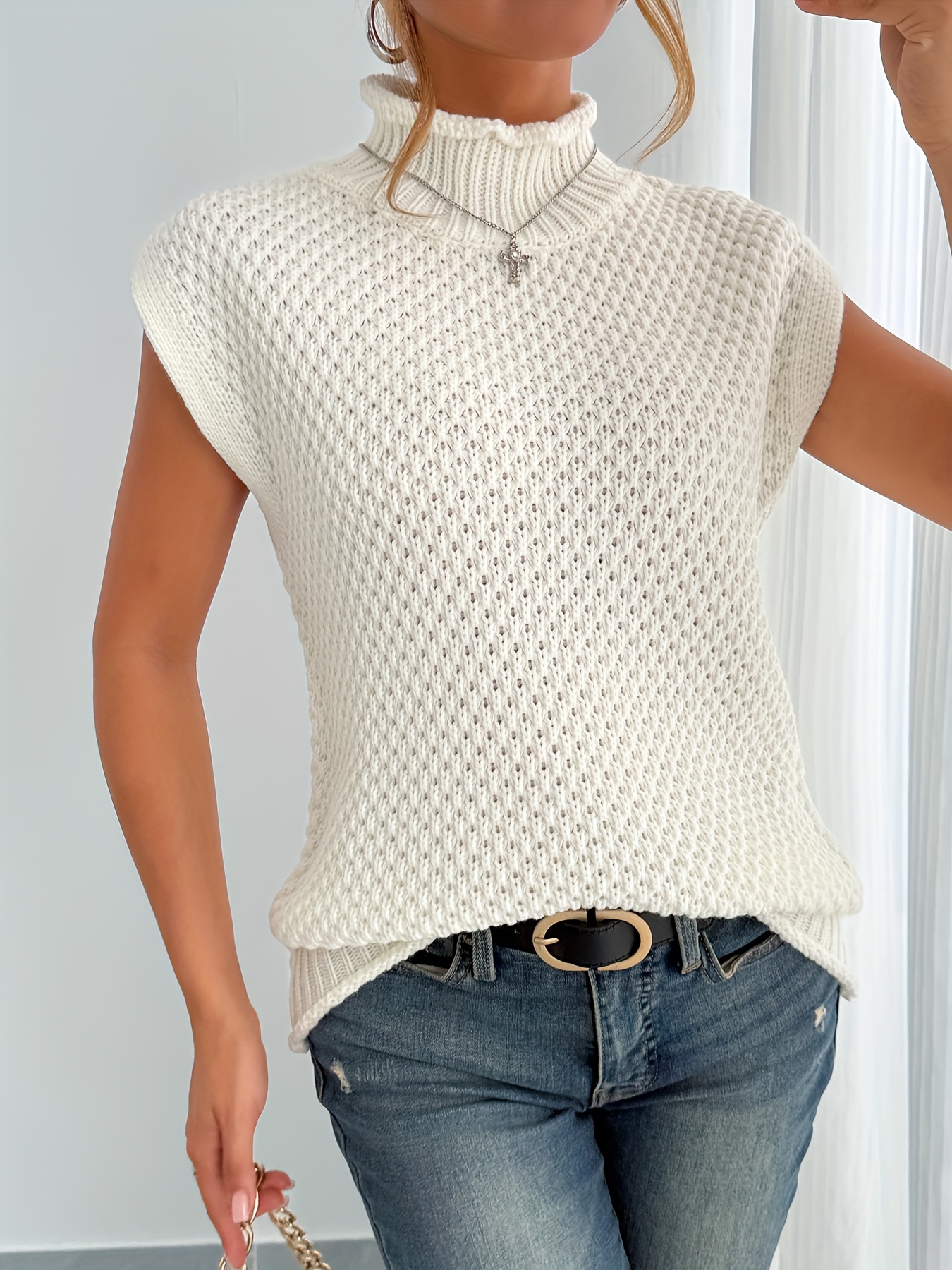 womens elegant textured solid color loose fit high neck Temu