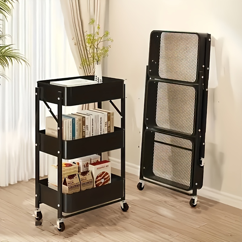 

1pc Foldable 3-tier Iron Metal Cart With Wheels, No-assembly Floor Trolley, Cubby Shelf Organizer, Black