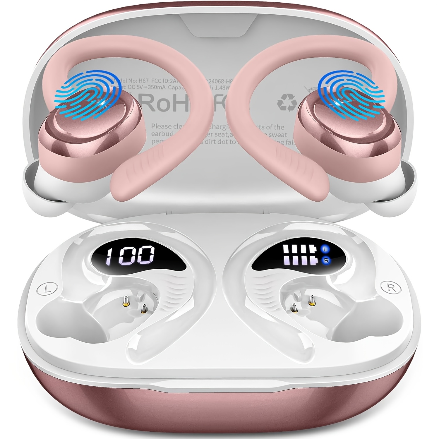 H87 Wireless Earhooks Earbuds, Wireless 5.4, Sports , 14.2mm Hifi Stereo, 4-mic Enc Noise Cancelling, Led Digital Display, 50h Total Playtime, Usb-c Fast Charging & Smart Touch Control