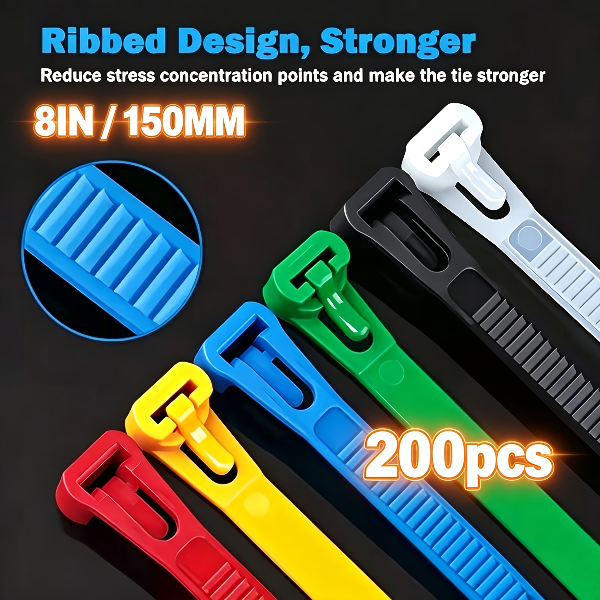 TEMU Lot de 200 attaches-câbles robustes en nylon de couleur, attaches-câbles auto-bloquantes réutilisables en nylon, design de couleurs mélangées,