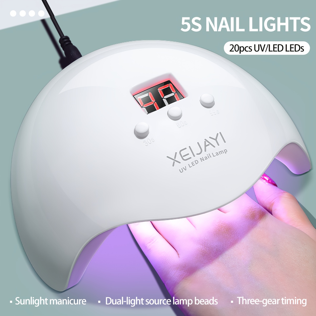 TEMU 1pc White Led Nail Lamp 20 Lamp Beads, Nail Dryer Gel , Nail Light With 3 Timer Setting Led Dryer