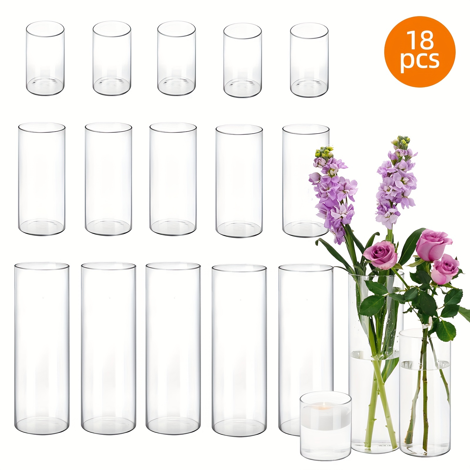 Superlele 18/24pcs Transparent Glass Cylinder Vase, 4, 8, 12 Inch Tall Cylinder Vase, for Tabletop Decoration, Glass Vase, Hurricane Floating Candle Vase, Suitable for Tabletop, Shelf, Party, Wedding, Home Decoration