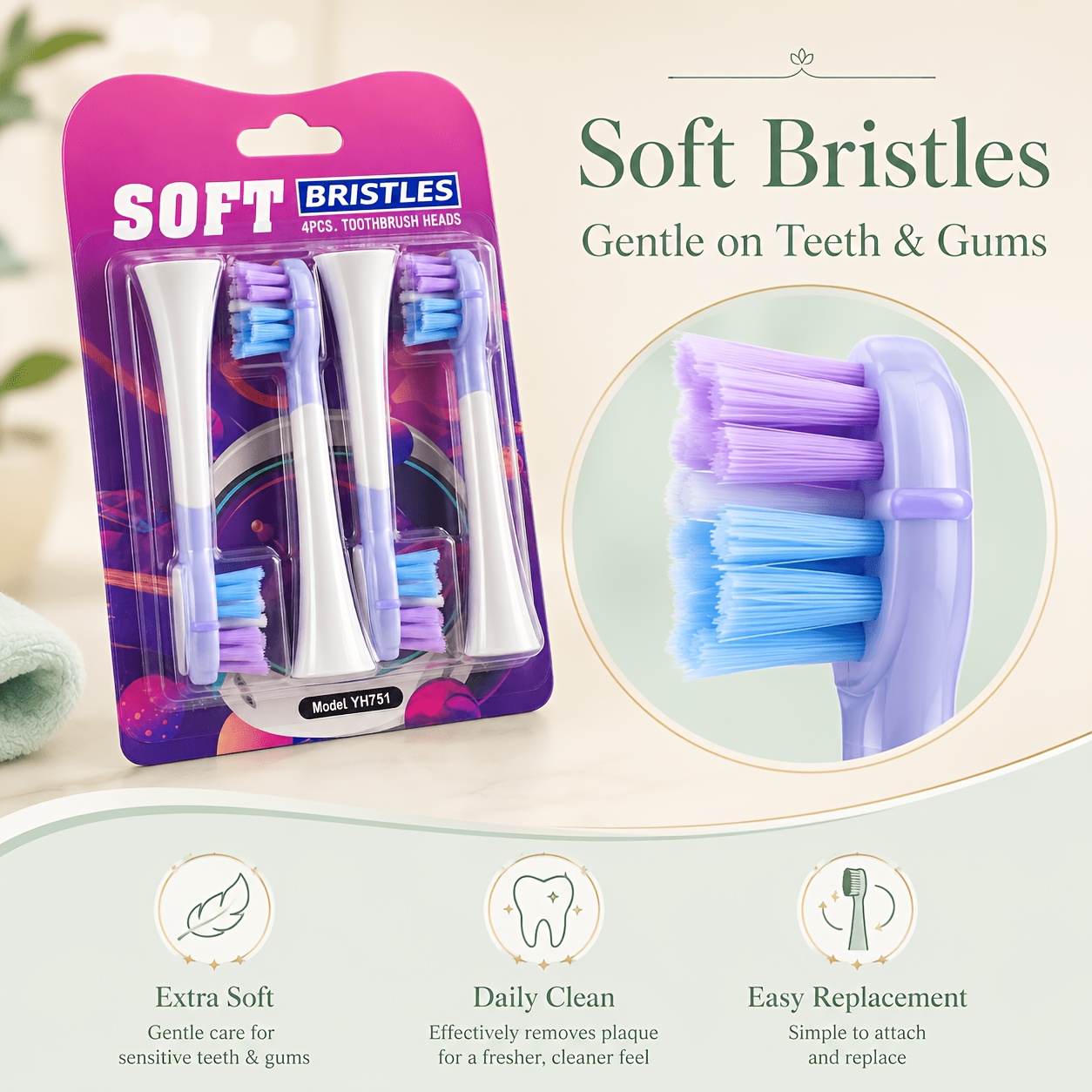 4-Pack Soft Bristle Electric Toothbrush Replacement Heads