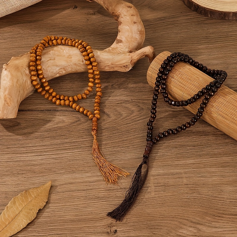 E-shop Zweiteiliges Set aus handgefertigter Einzelschicht-Holzperlen-Vintage-Quasten-Kette und böhmischer ethnischer Gebetsarmband