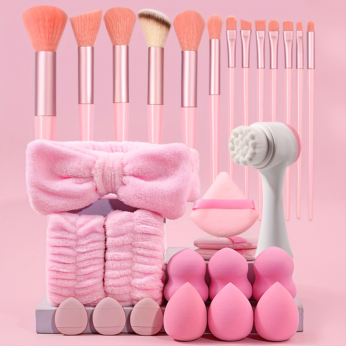 

29pcs/16pcs Beginner's Complete Tool Set Including 13 High-quality Makeup Brushes, Silicone Double-sided Cleansing Brush, Moisture-proof Hairband Coral Fleece Kit, Makeup Sponge Combination