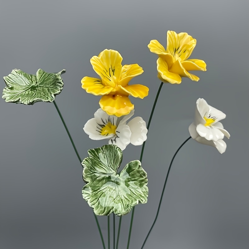 Image of 6pcs Ceramic Pansy Set, Ceramic Artificial Flowers And Ceramic Leaves, Ceramic Material, Never Wilt, , Valentine's Day Bouquet, Suitable For Family, Garden, Wedding, Holiday Party, Bringing And To