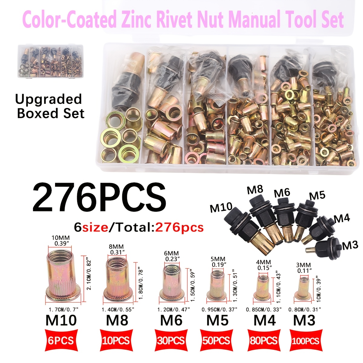 TEMU 276pcs Manual Tool Kit, Upgraded Boxed Set, Including 6pcs Specifications M3-m10 And 276pcs Matching Rivet Nuts, Heavy-duty Metal , Suitable For