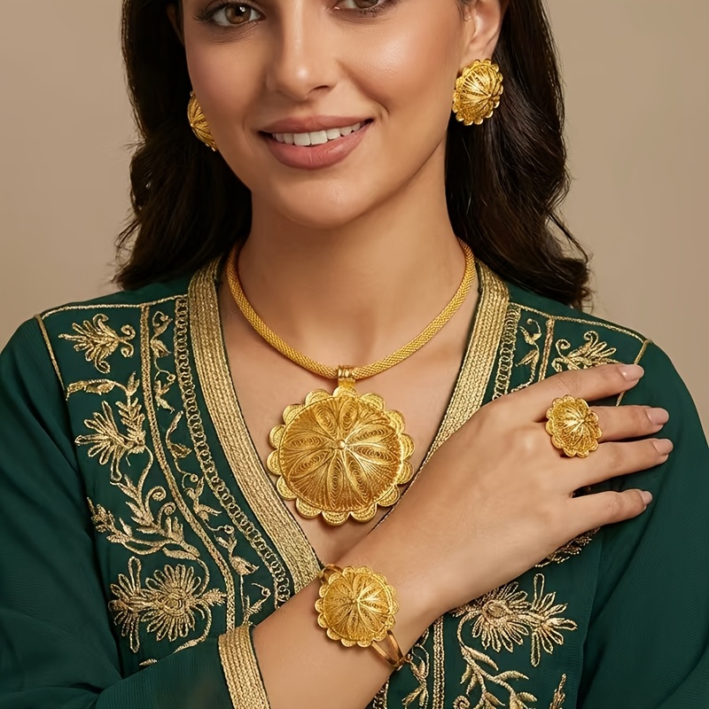 TEMU Parure de bijoux classiques érythréens 4 pièces, comprenant un grand collier pendentif, une bague, des boucles d'oreilles et un bracelet, pour