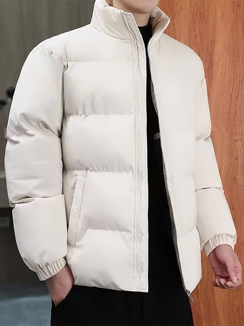 mens polyester 100 thermal jacket solid color stand collar non stretch woven fabric regular fit with zipper closure lined casual sports coat for fall winter