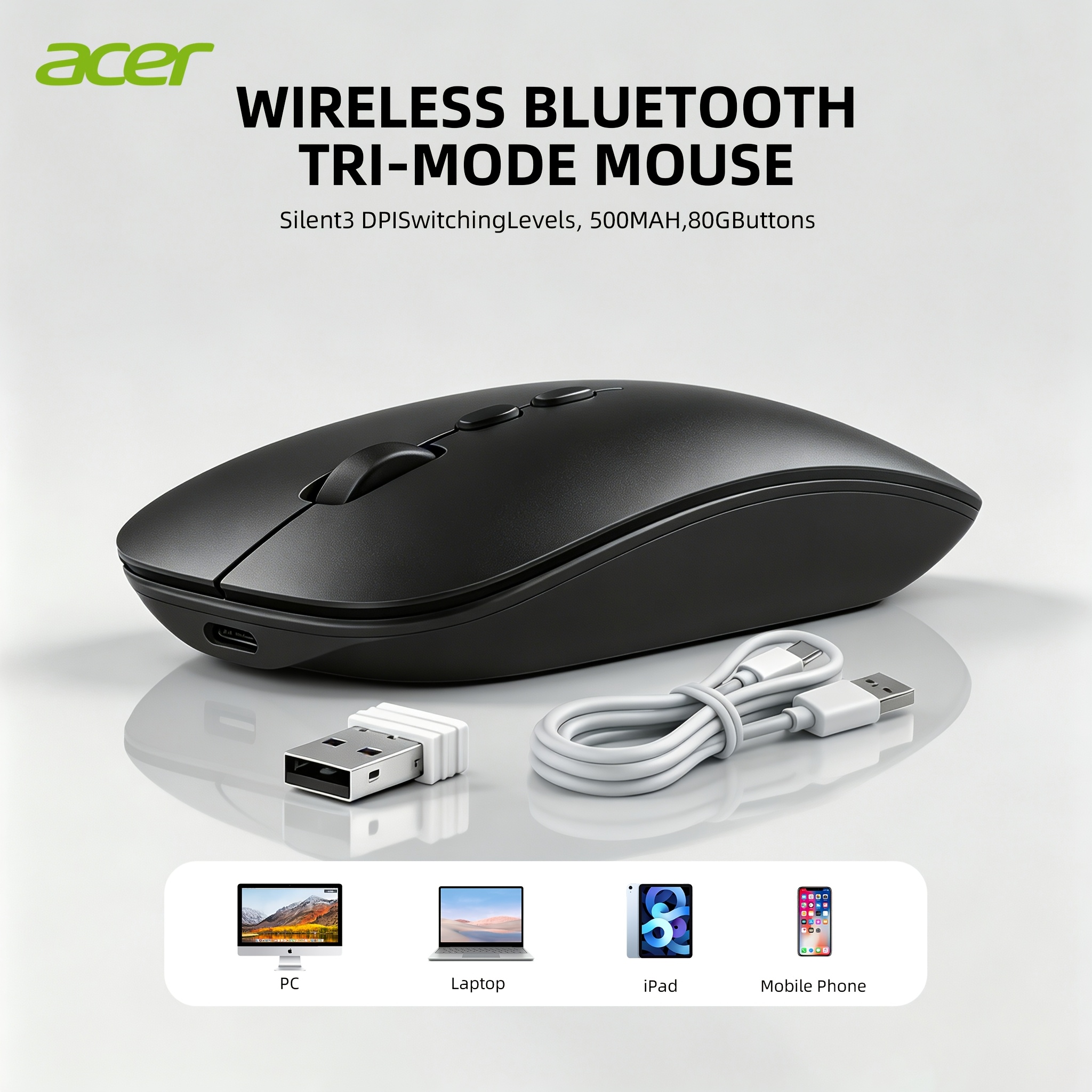 TEMU Acer Tri Mood Wireless Mouse Compatible For Pc/laptop/desktop, Wireless 3.0/5.0 & Usb- Receiver, 3-in-1 Wireless Mice With Usb- Operation,