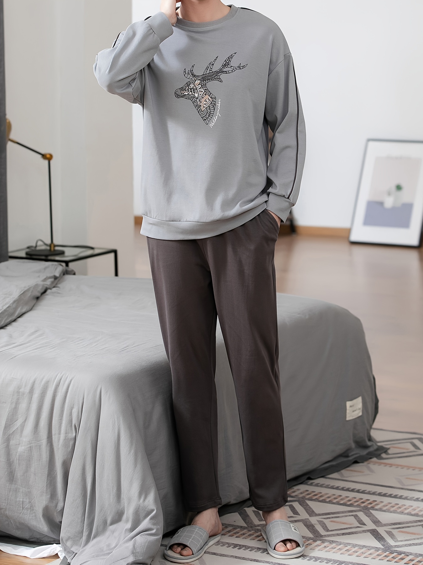 Men's 100% Cotton Sleepwear Set - Casual Spring/Fall Pajama Sets with Crew Neck, Long Sleeve, Pocket Detail, Loose Fit Knit Fabric - Comfy Solid Color Loungewear