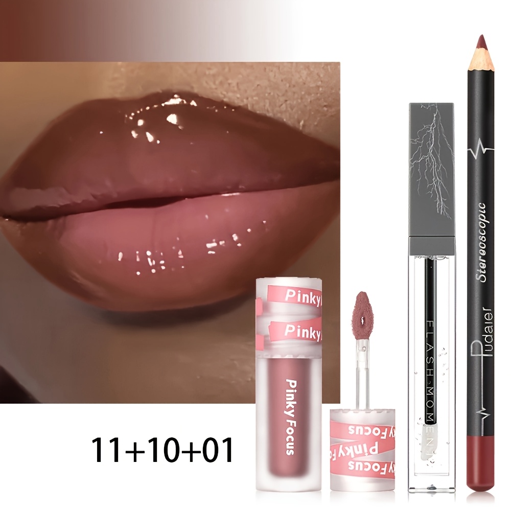 TEMU 3pcs Glow Moisturizing Lip Gloss Set - Lip Liner, Lip Mud, And Oil, Non-sticky, Glitter, Long-lasting Berry Tint Suitable For All Tones,