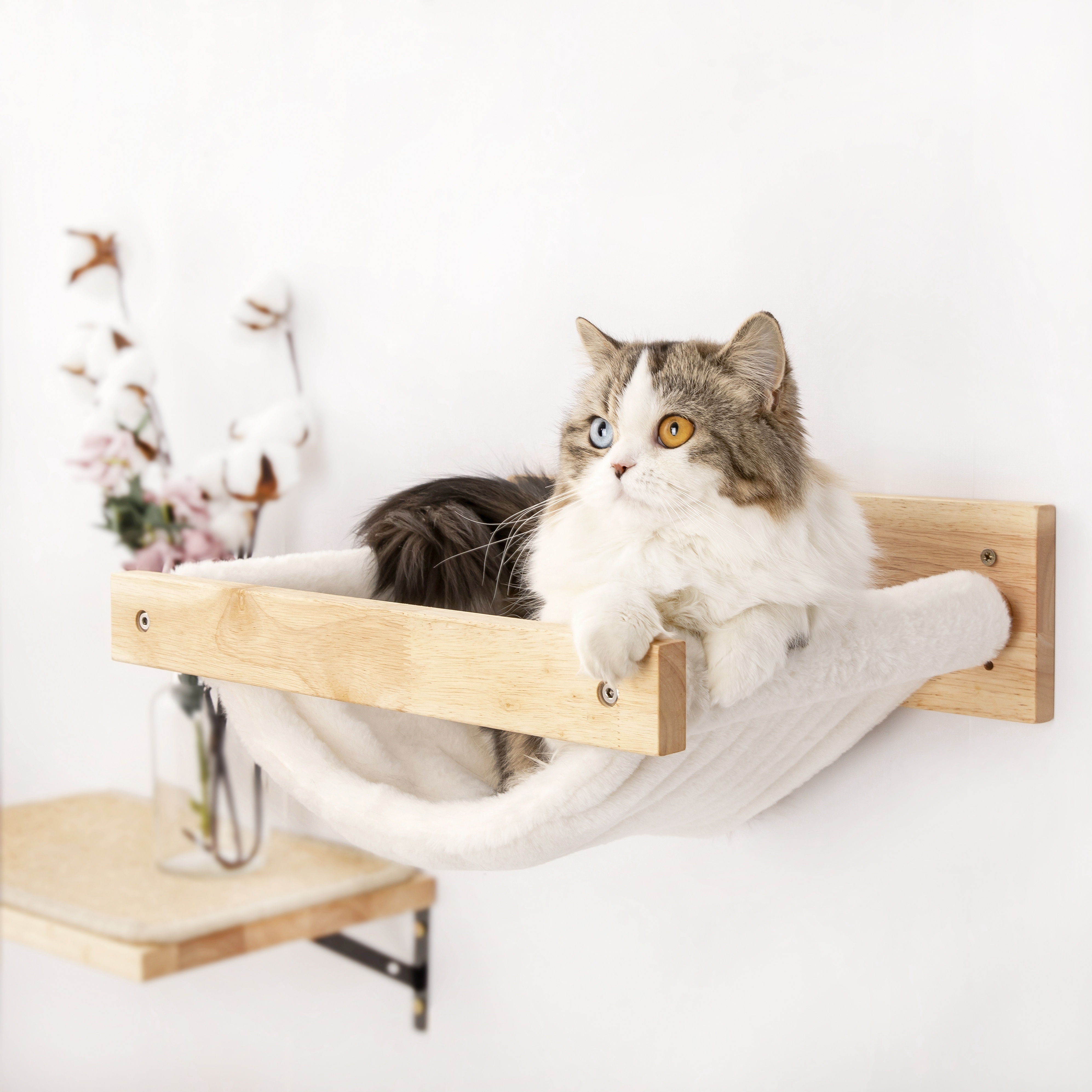 

Fukumaru Cat Hammock Wall Mounted, Wooden Cat Wall Furniture, Kitty Perches And Beds, Stable Cat Wall Shelves For Playing, Climbing, Lounging, And Sleeping, White Flannel Cat Shelves