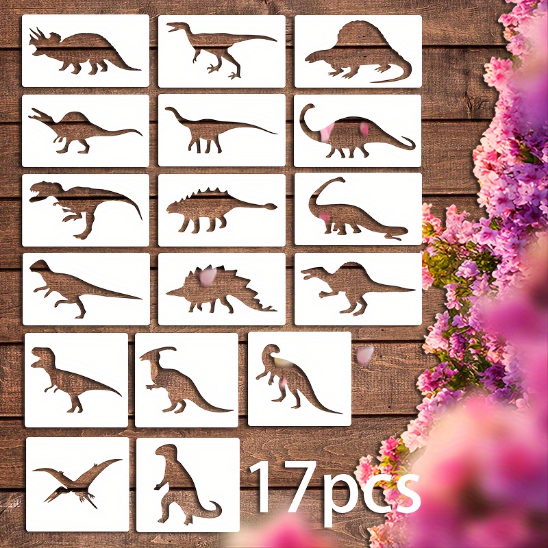 

17 Pcs Dinosaur Stencils: Reusable, Washable, And Diy Art Projects - Suitable For Walls, Wood, Fabrics, And Glasses