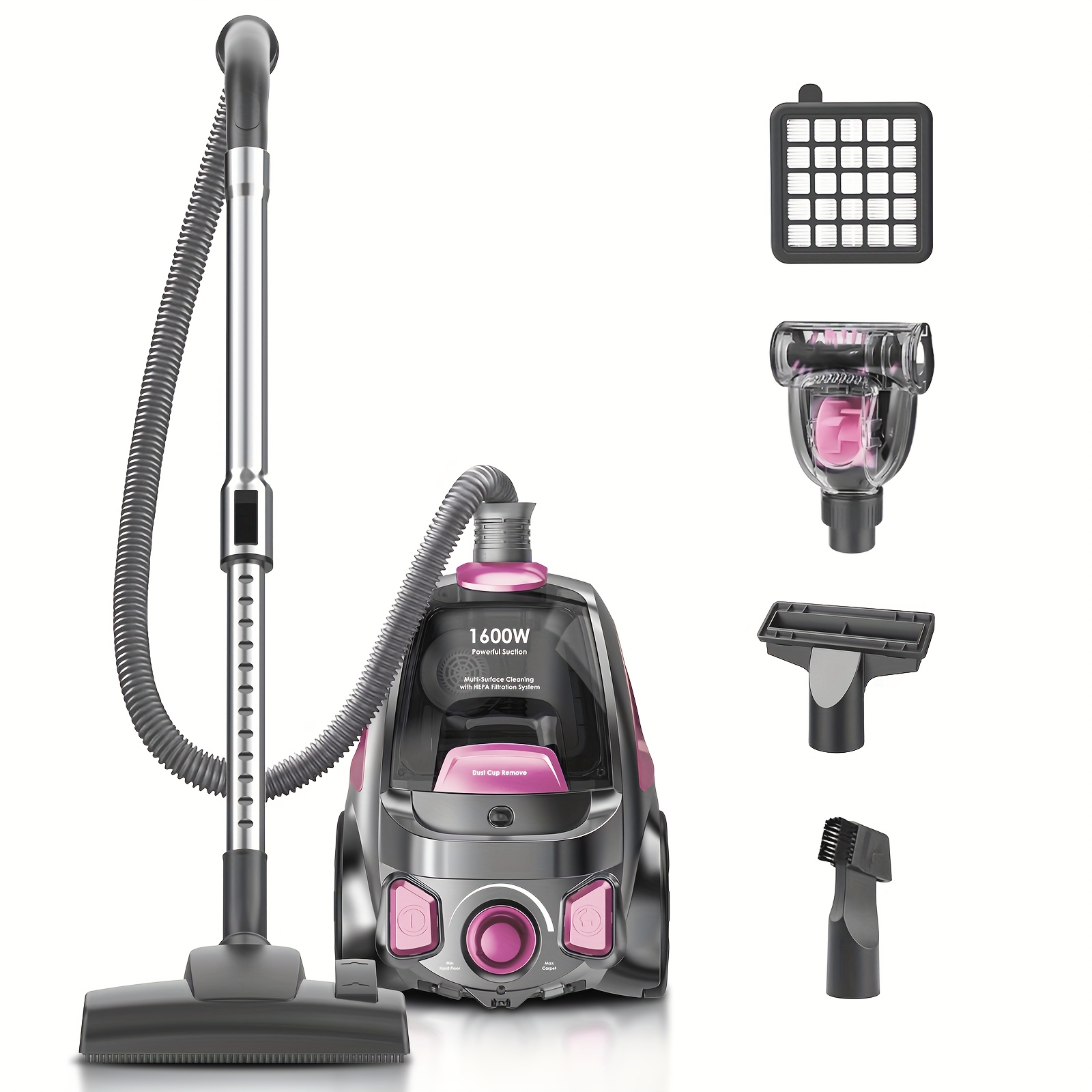 TEMU Canister Vacuum, 32kpa/1600w Bagless Canister Vacuum Cleaner, Power, 3.7qt Large Capacity, Dust Full Indicator, Double Hepa Filter, Auto Cord ,