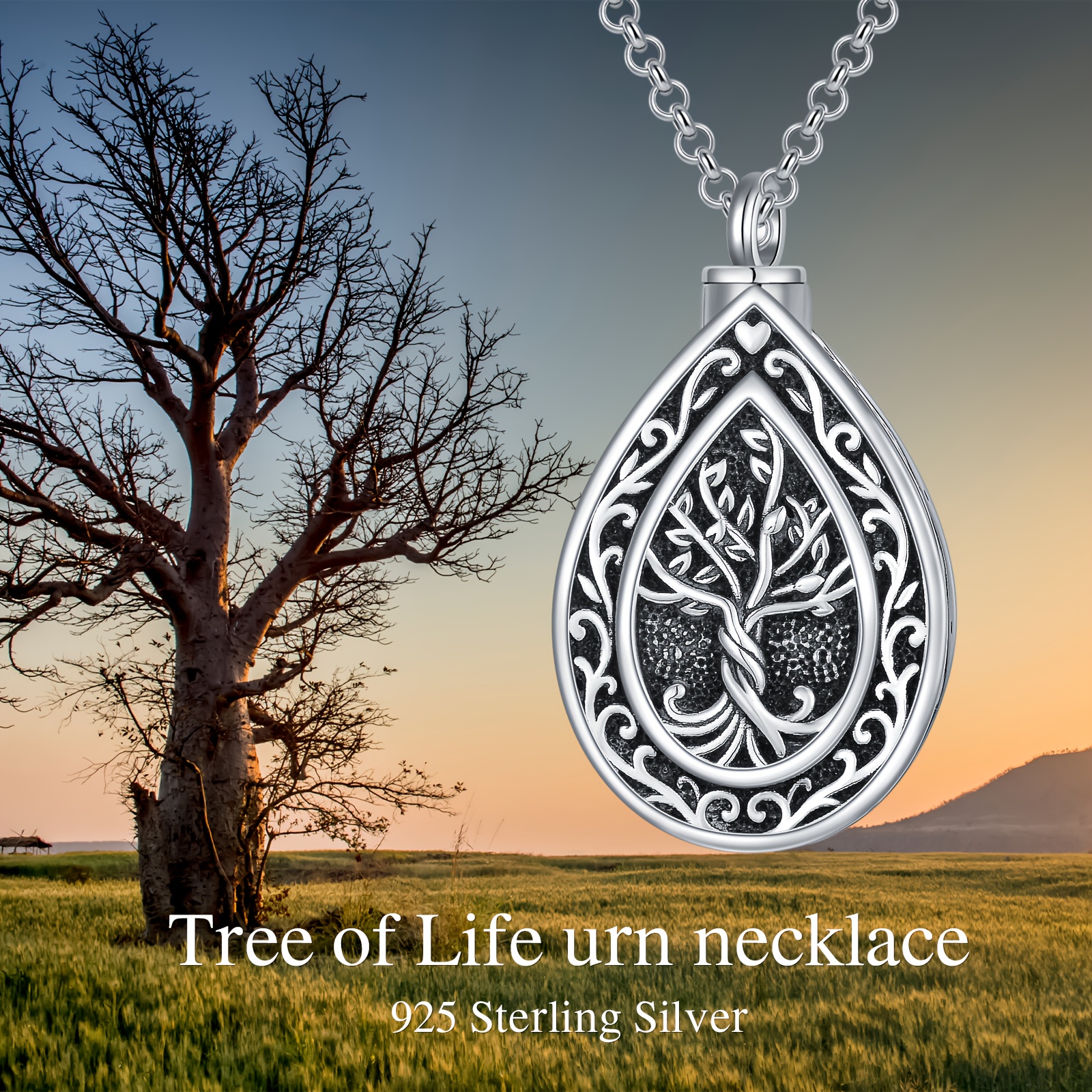 Tree of Life Urn Necklace for Ashes, 925 Sterling Silver