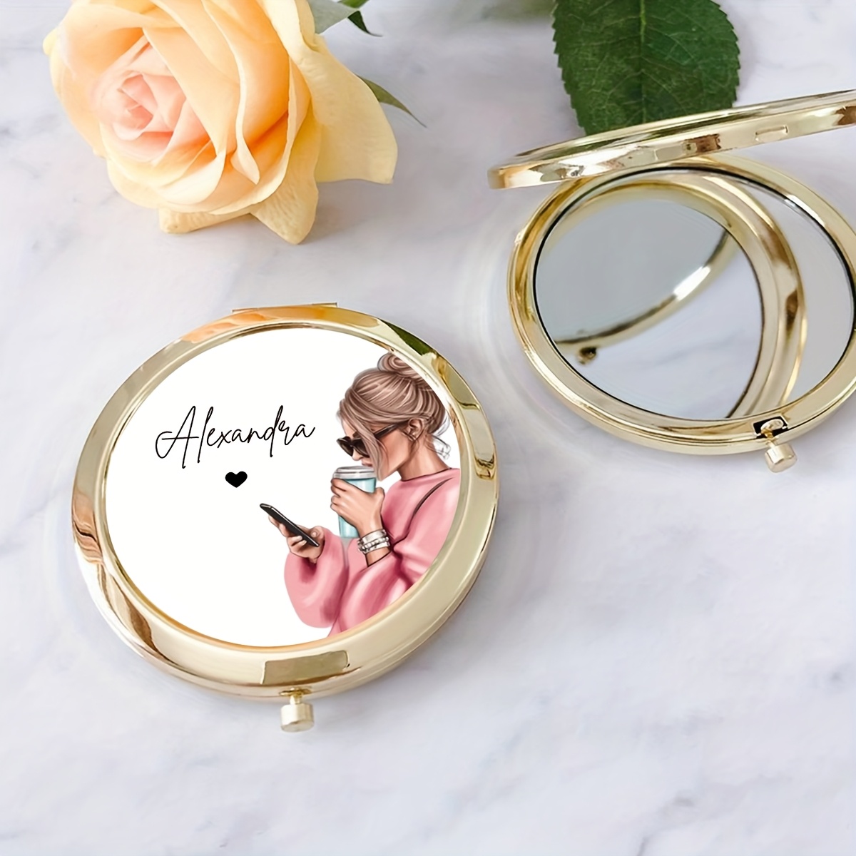TEMU 1 specchio da trucco personalizzato con e design "Trend Girl", con scatola regalo raffinata, specchio pieghevole portatile da viaggio per donna,