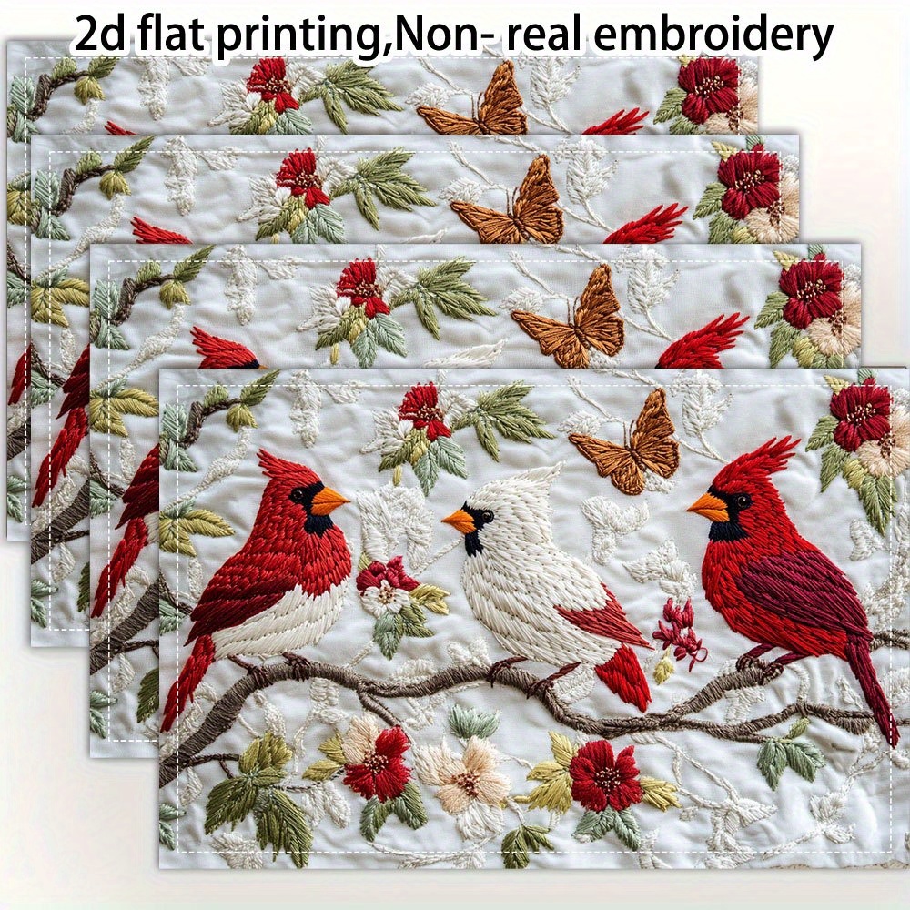 TEMU 4pcs, 2d Flat Printing, Non-real Embroidery Summer Red Bird White Placemats, Fashion Printed Pattern Table Mats, Suitable For Dining Table,