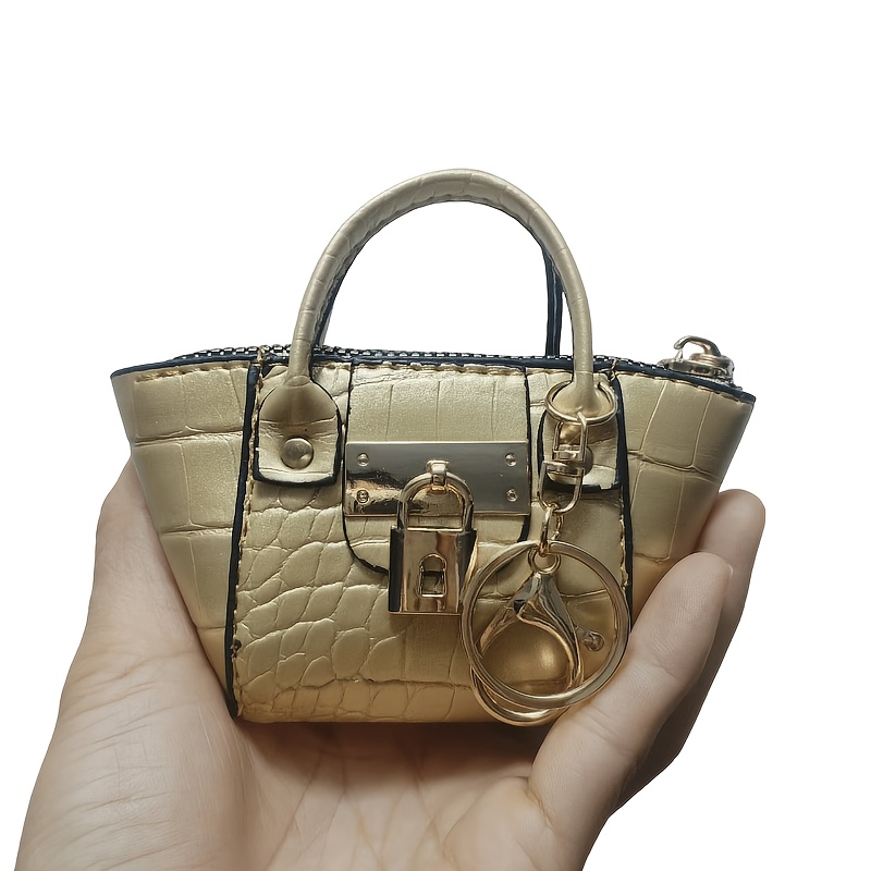 TEMU Golden Crocodile Pattern Mini Lock Handbag Keychain Coin Purse, Portable Earphone Card Storage Bag For Women