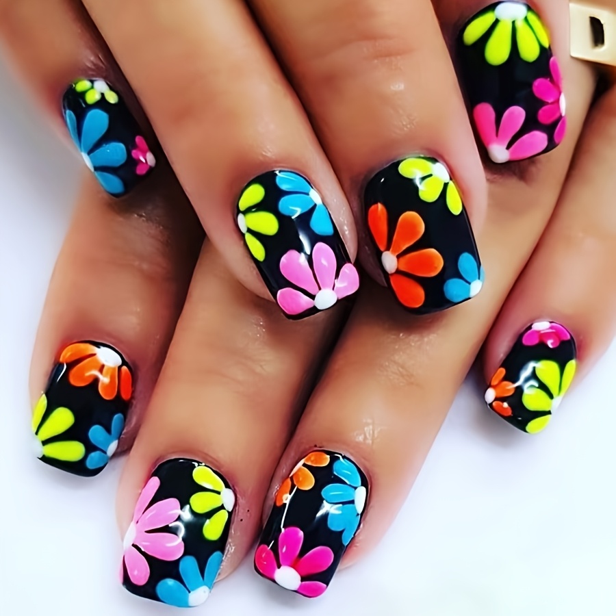 

24pcs Vibrant Floral Press-on Nails Set - Black With Flowers, Short Square Shape, Easy To Apply & Remove With Jelly Glue, Includes Nail File & Sticks, Art|vibrant Nail Decor| Nails