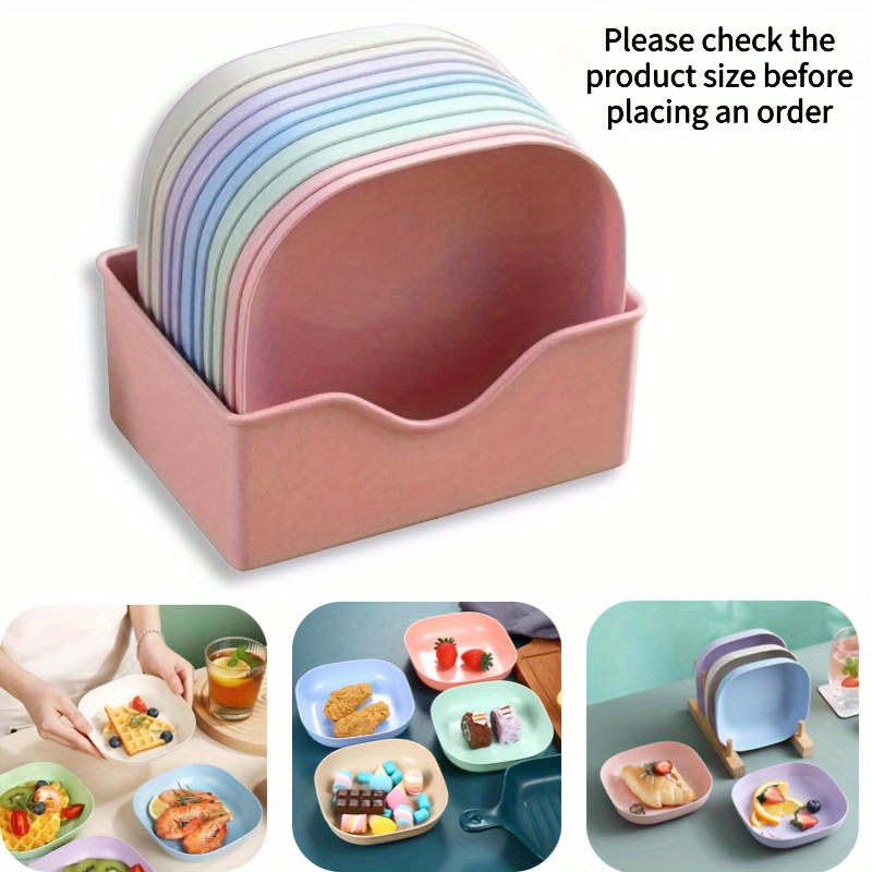 TEMU 10-pack Square Plastic Dinner Plates With Holder - Multipurpose Snack And Serving Set, Essential Kitchen Utensils
