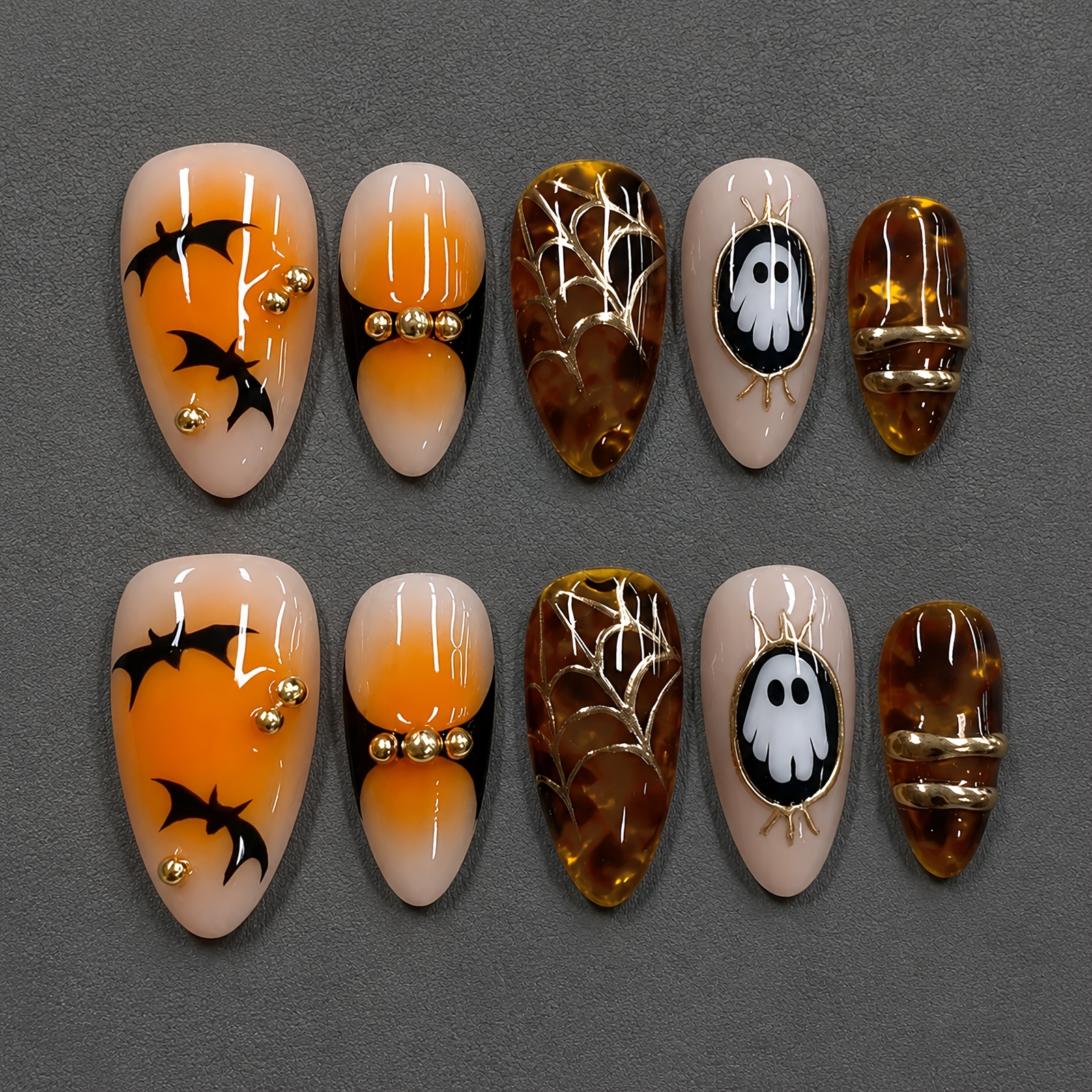 TEMU 10pcs Luxury Golden Chrome Halloween Nails Almond Press On Acrylic Nail Medium Surface Gradient Design 3d Gel Nail Reusable With Leopard Web Bat