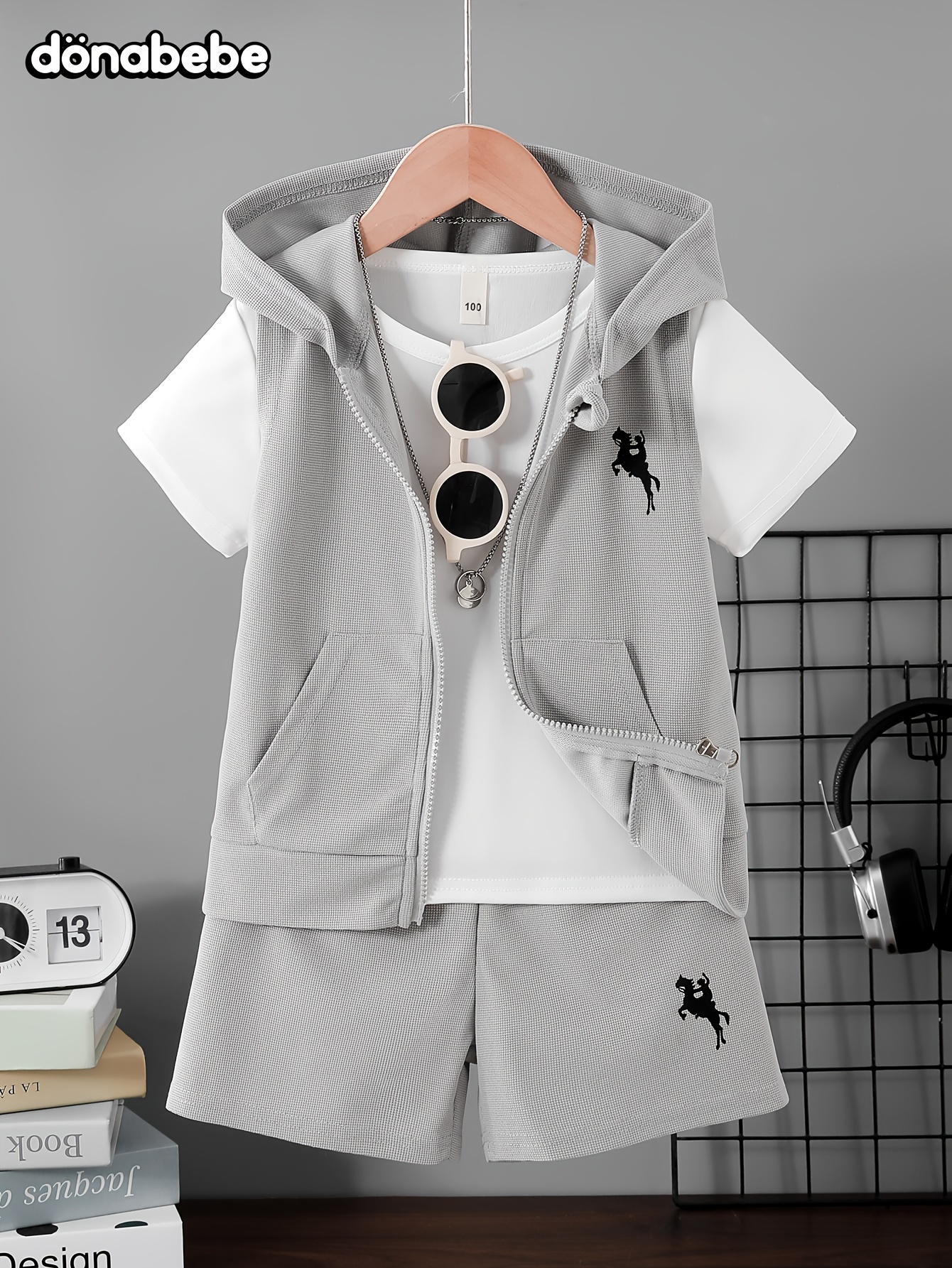 3pcs set of summer   trendy outfits easy   t shirt and special fabric chest print zipper style hooded vest top with casual comfortable shorts set gift   daily outdoor versatile   outfit for outdoor