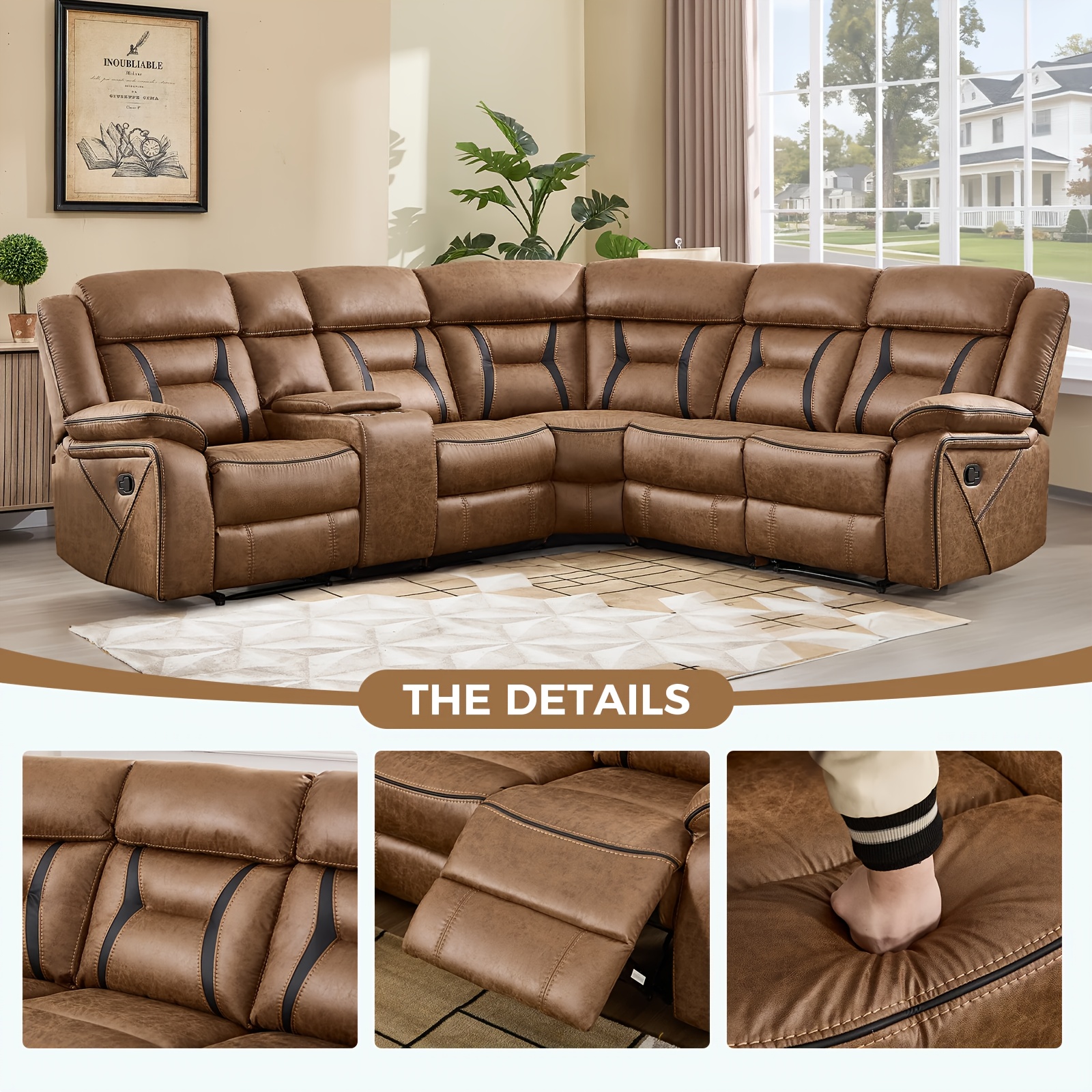 contemporary synthetic faux leather reclining sofa collection 5 seater couch featuring cup holders and storage ideal for living rooms and offices Product details 5