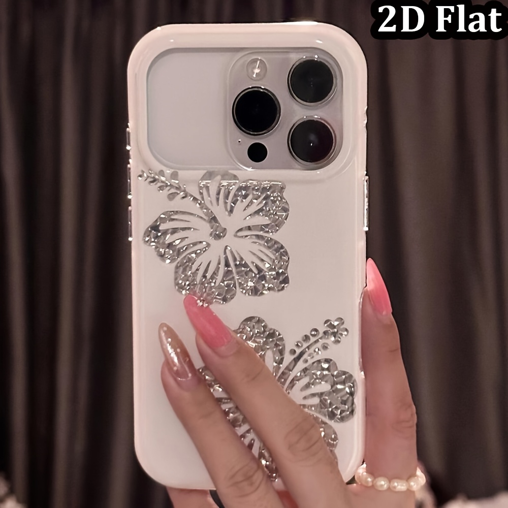 TEMU Phone Case: Chic Silvery Flower Phone Case, For Iphone 13 17 Pro Max, Plus, Mobile Accessory, , Stylish Cover, Durable Case, Iphone Cover, Tech