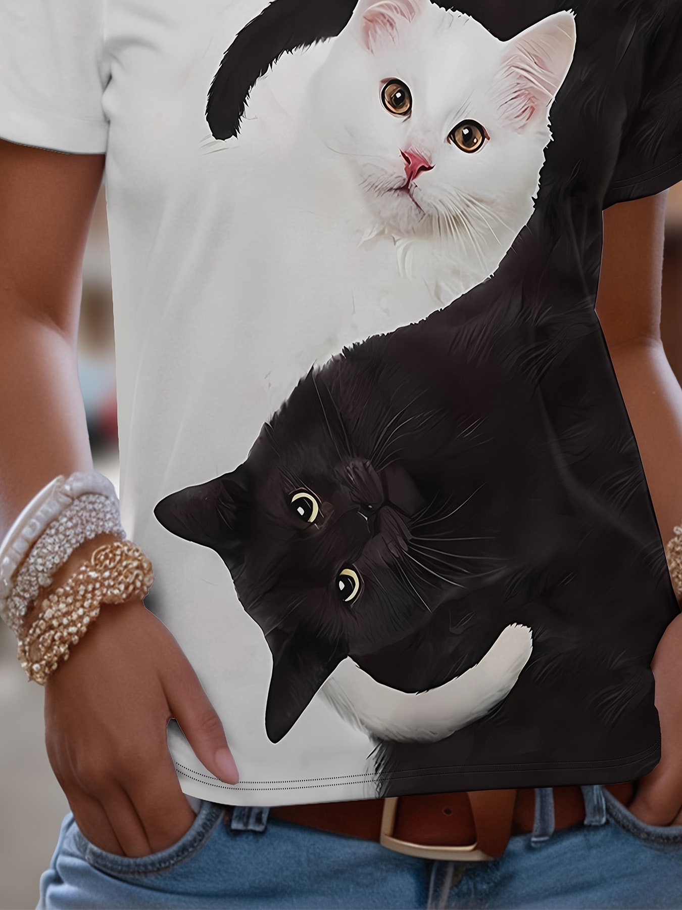 womens 3d print yin yang cat t shirt black - Temu United Arab Emirates