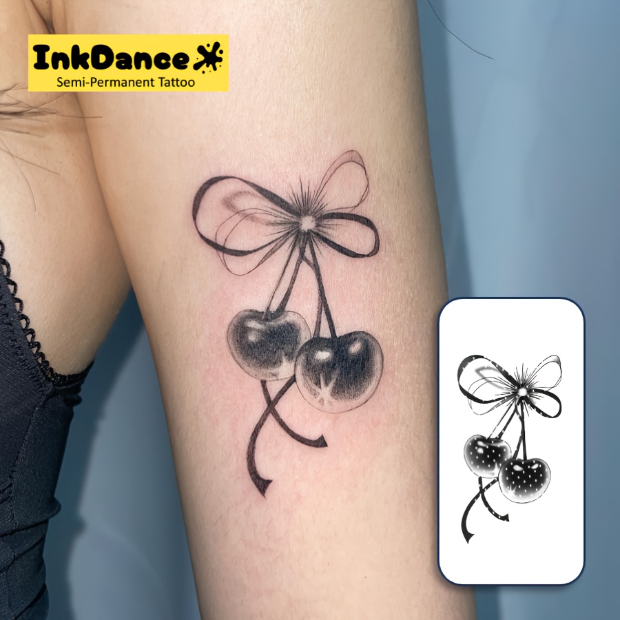 Image of Cherry Bow Tattoo Stickers With , Cute Semi-permanent Temporary Tattoos For Women, Waterproof And Long-lasting, Realistic, Made Plant Ingredients, A Perfect Gift