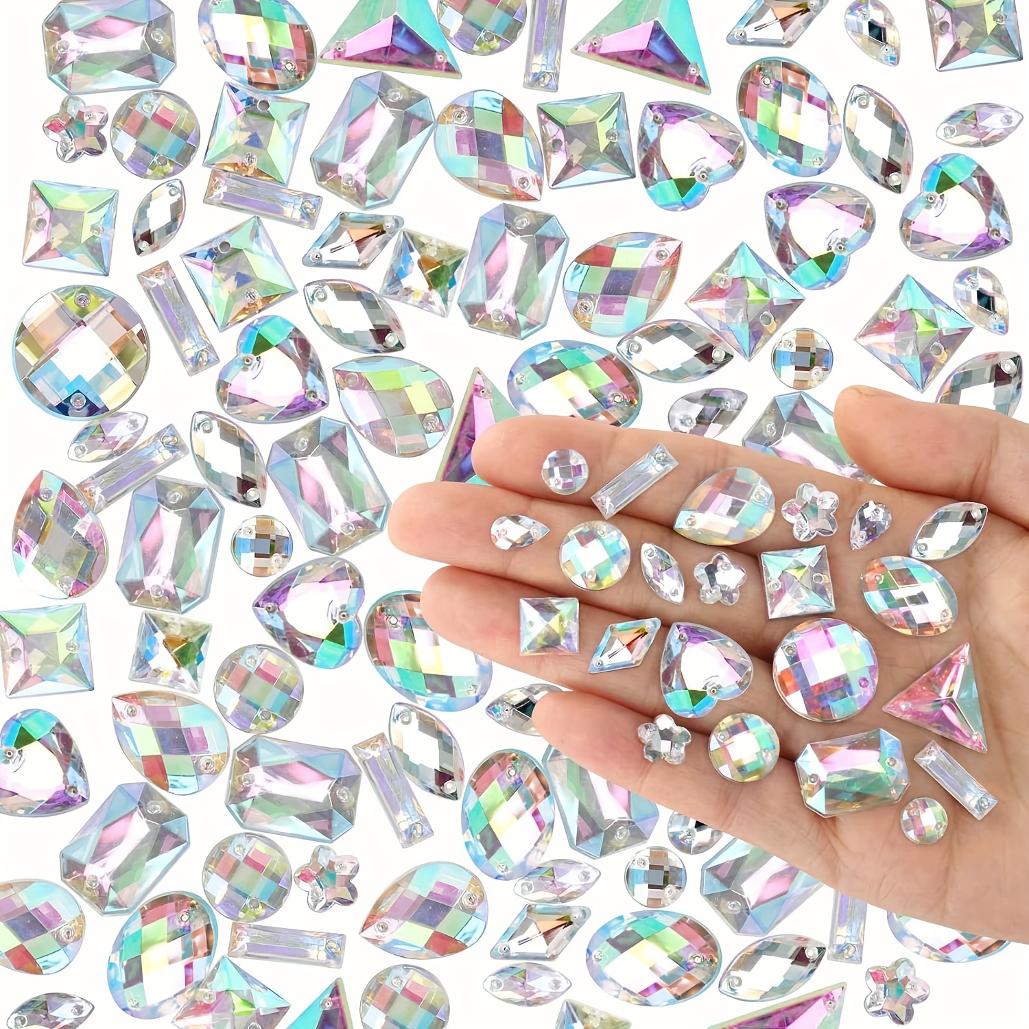 

100 Pieces Large Acrylic Rhinestones With Sewing Holes, Mixed Shapes Crystal Ab Embellishments For Diy Crafts, Clothing, And Shoes Decoration