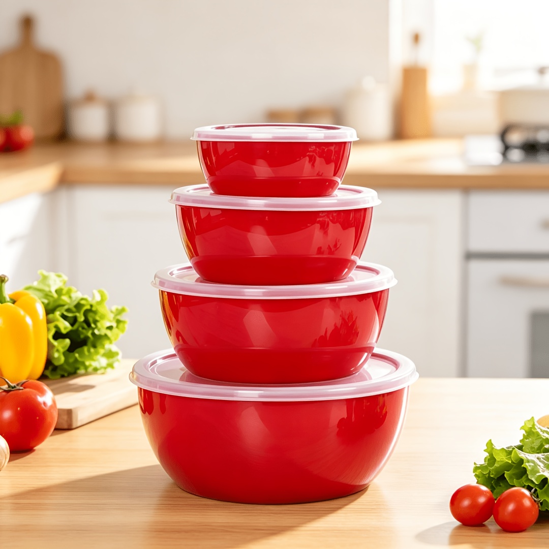 TEMU 8pcs Set: 4pcs Bowl Bodies + 4pcs Lids, Red Pp Material Food Storage Bowls With Transparent Lids, Microwave-safe Salad Mixing Bowls, Reusable