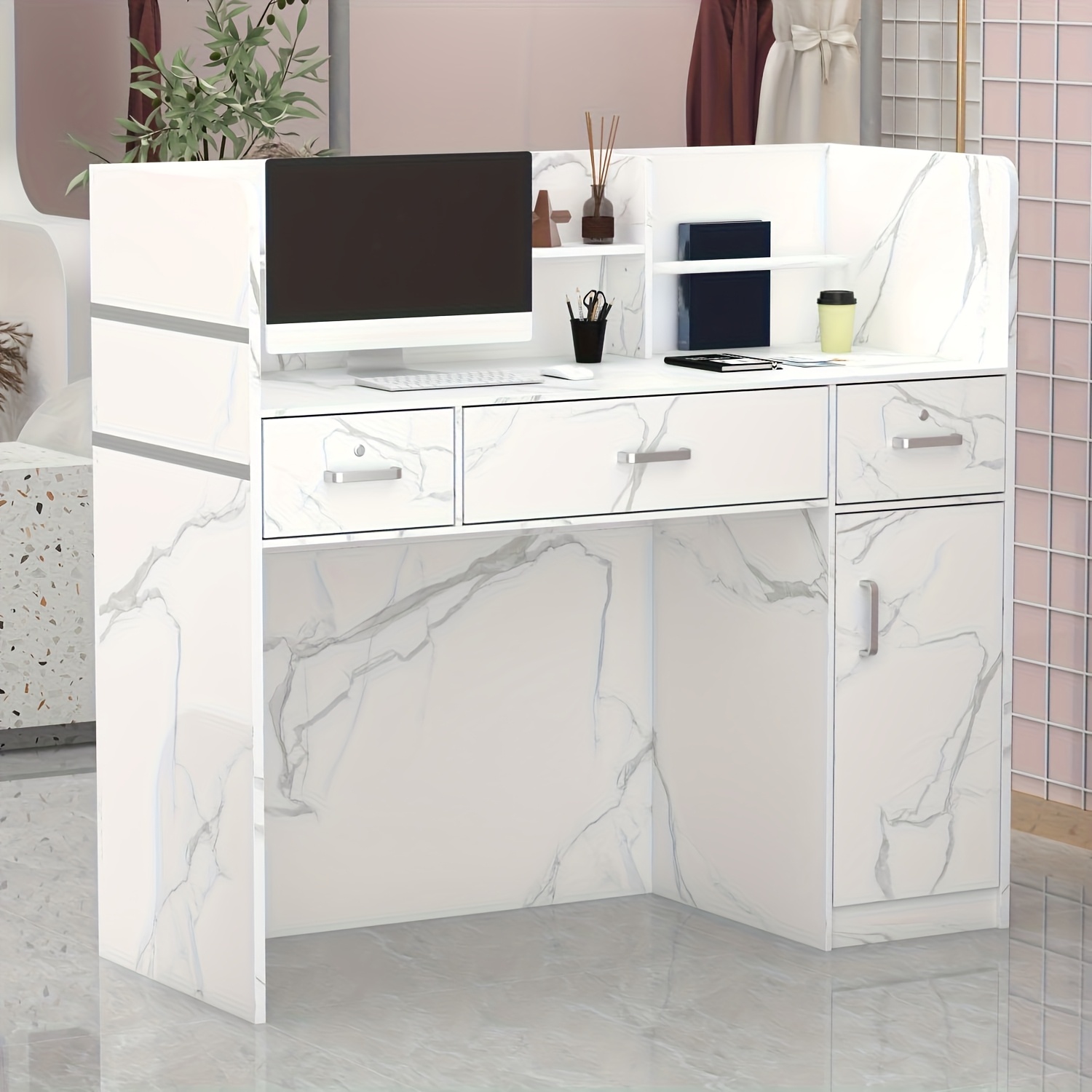 Modern Computer Desk with Drawers And Open Shelves, Functional Workstation for Home Office, Wood Home Office Desk Station with File Drawer And Storage Cabinet, Stylish Design