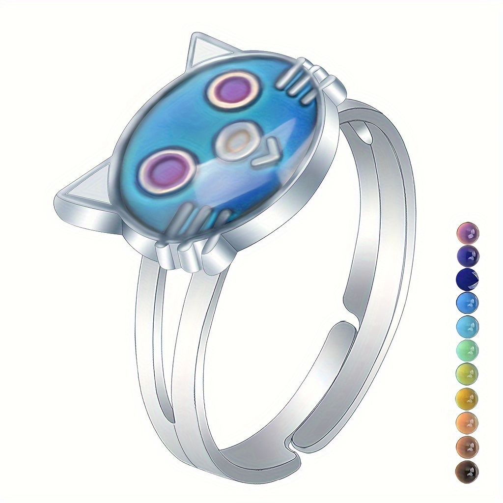 

Adjustable Cartoon Cat Head Ring With Heartbeat And Color-changing Feature, Stainless Steel And Hypoallergenic, Perfect For Everyday Wear Or Gift