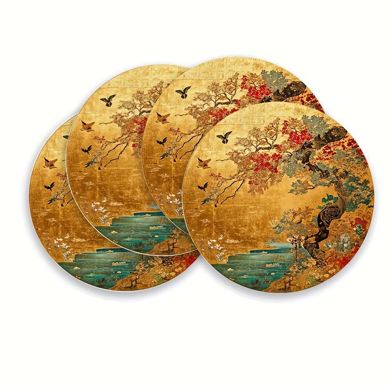 4pcs Round Placemats, Exquisite Japanese Design, 15 Inches, Party And Home Dining Table Decor