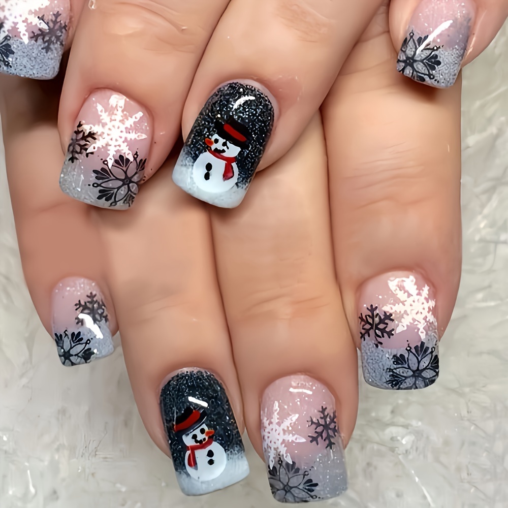 

Show Your Beauty 24pcs Chinese Snowman Silver Loose Powder Black French False Nails Fashionable And Wearable Nails Suitable For Women And Girls Removable Press-on Nail Set With Jelly Glue And File