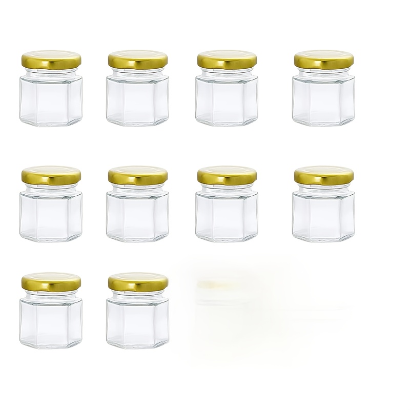 10pcs 45ml Hexagonal Glass Jars For Honey, Jam, , Tasting Samples, Oil Packaging, Transparent And Beautiful Containers With Golden Lids