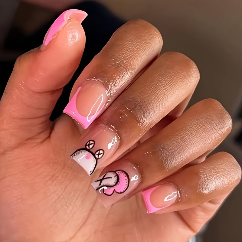 

24pcs Cute Cartoon Snail Press On Nails With Pink French Tips - Glossy Nude Glue On Nails For Women And Girls - Full Cover Short Square False Nails For Daily Wear