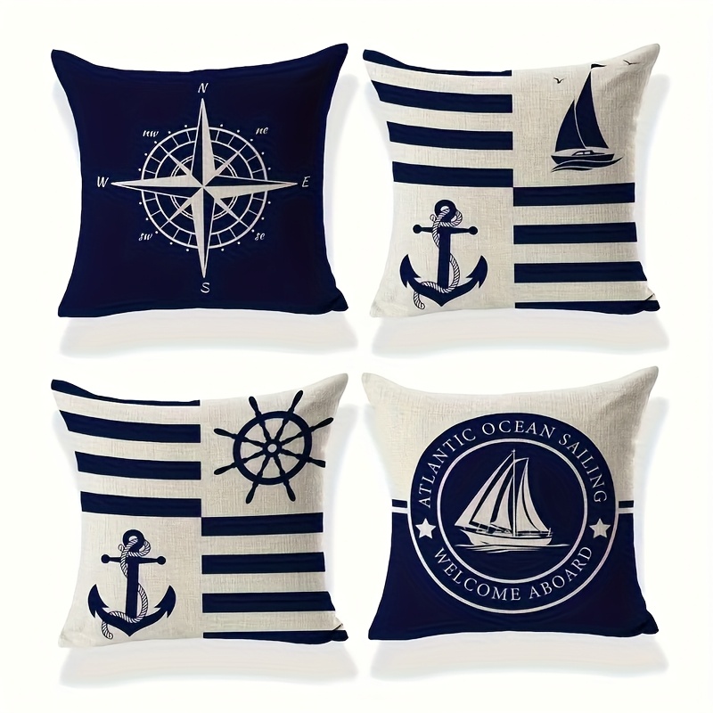 TEMU Parure de 4 taies d'oreiller nautiques, série bleue, différentes tailles, housses de coussin décoratives commémoratives avec , et pour chambre à