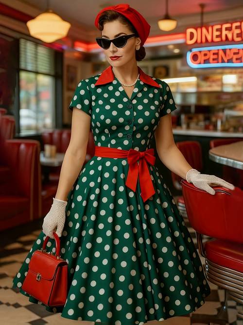 elegant commuter vintage polka dot print 50s womens valentines day party gathering date dress gown with belt
