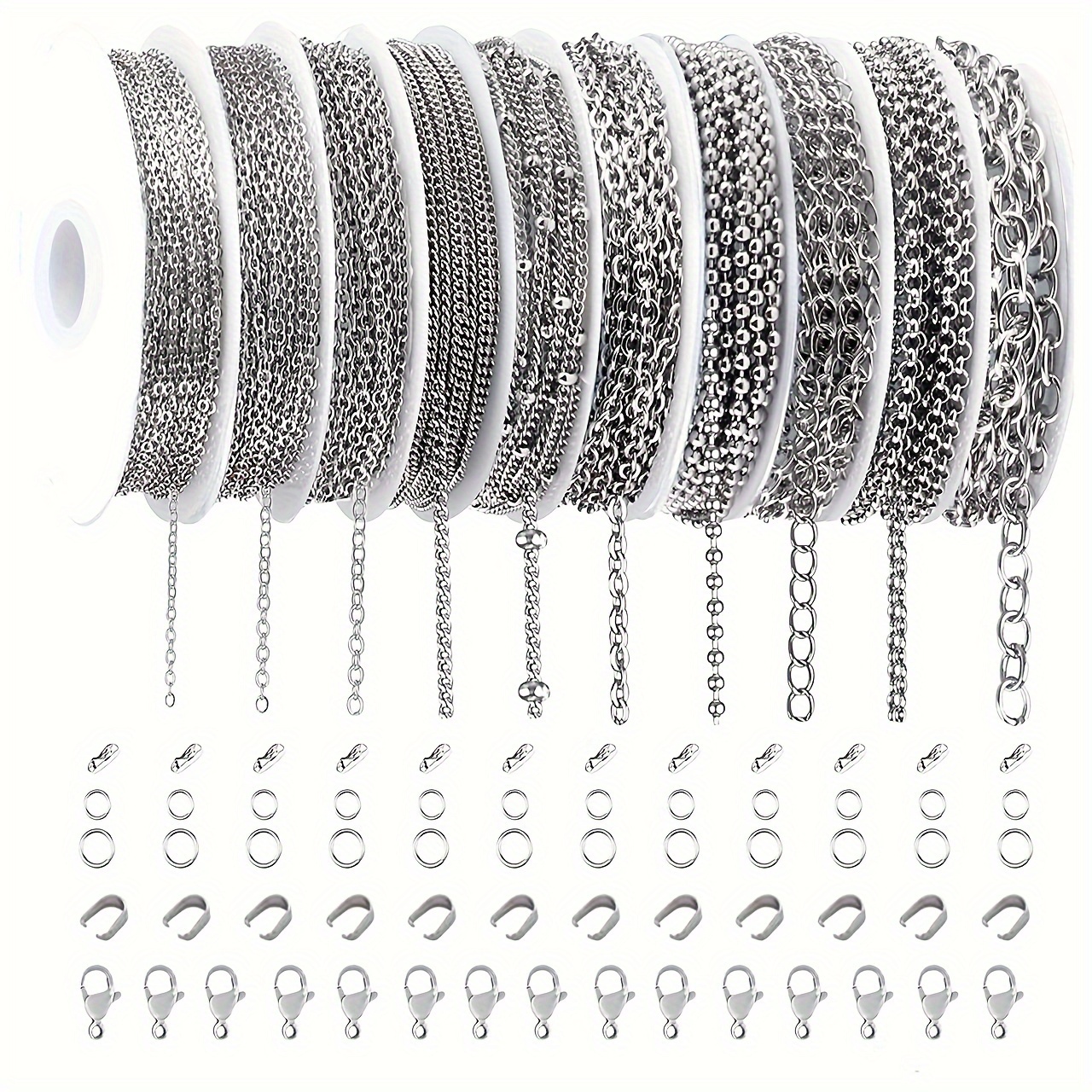 

10 Roll Pack 74ft 304 Stainless Steel Chain, Making Kit, Lobster Clasp And Melon Seed Clasp Set