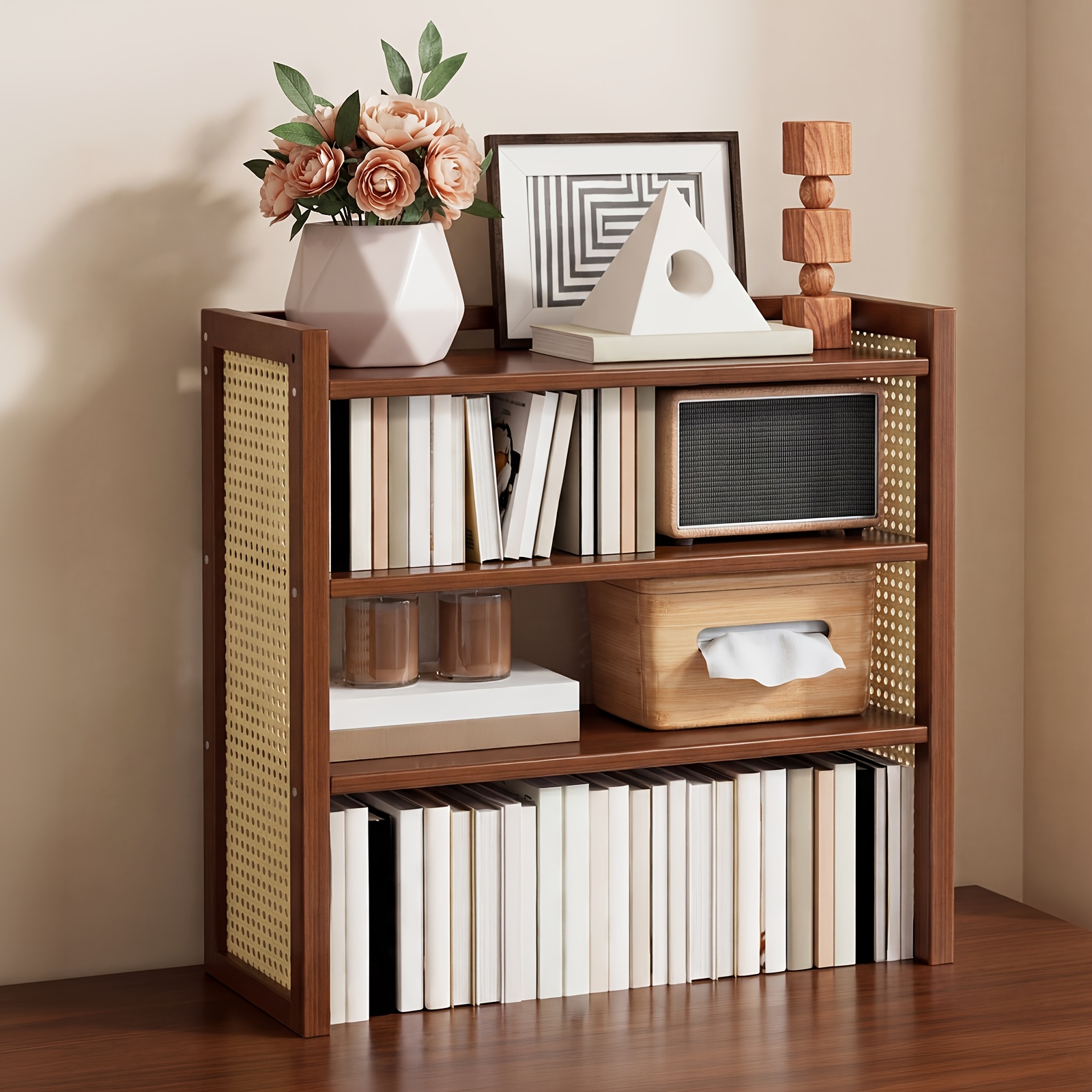 TEMU 3-tier Desktop Shelf, Rustic Rattan Desk Organizer With Woven Side Panels, Durable And Easy To Clean Storage Rack For Books, Plants, Candles &