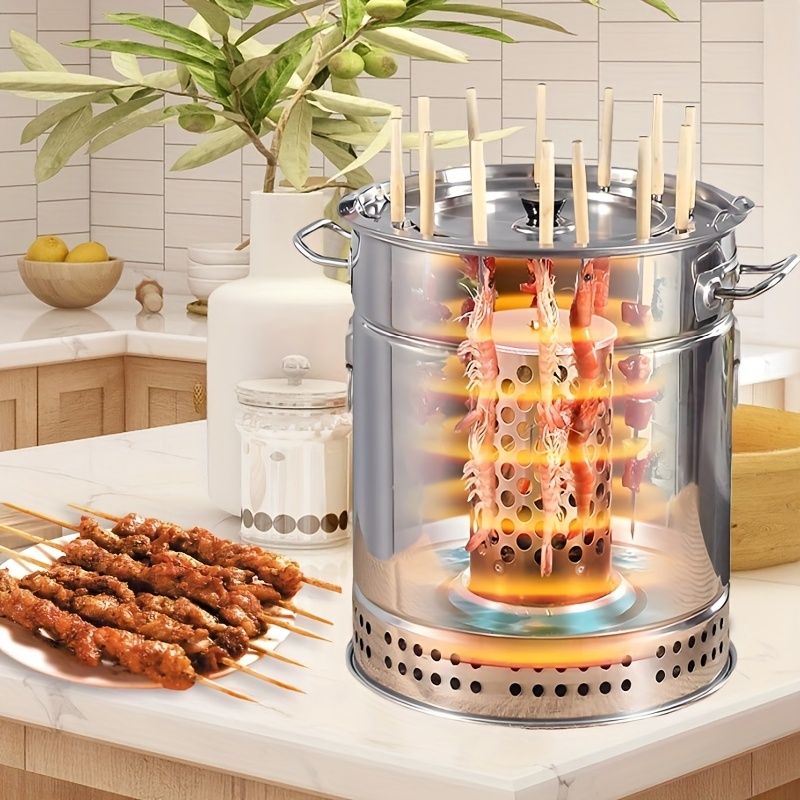 Heavy-Duty Stainless Steel BBQ Grill with Lid - Commercial/Home Use, Holds 22/30 Skewers, Portable Outdoor/Indoor Grill for Camping, Backyard, Restaurants - Compatible with Charcoal & Gas - Easy Assembly Required, Grills for Cooking, Outdoor Grilling, Sturdy Handles, Skewer Holder, Restaurant Owners