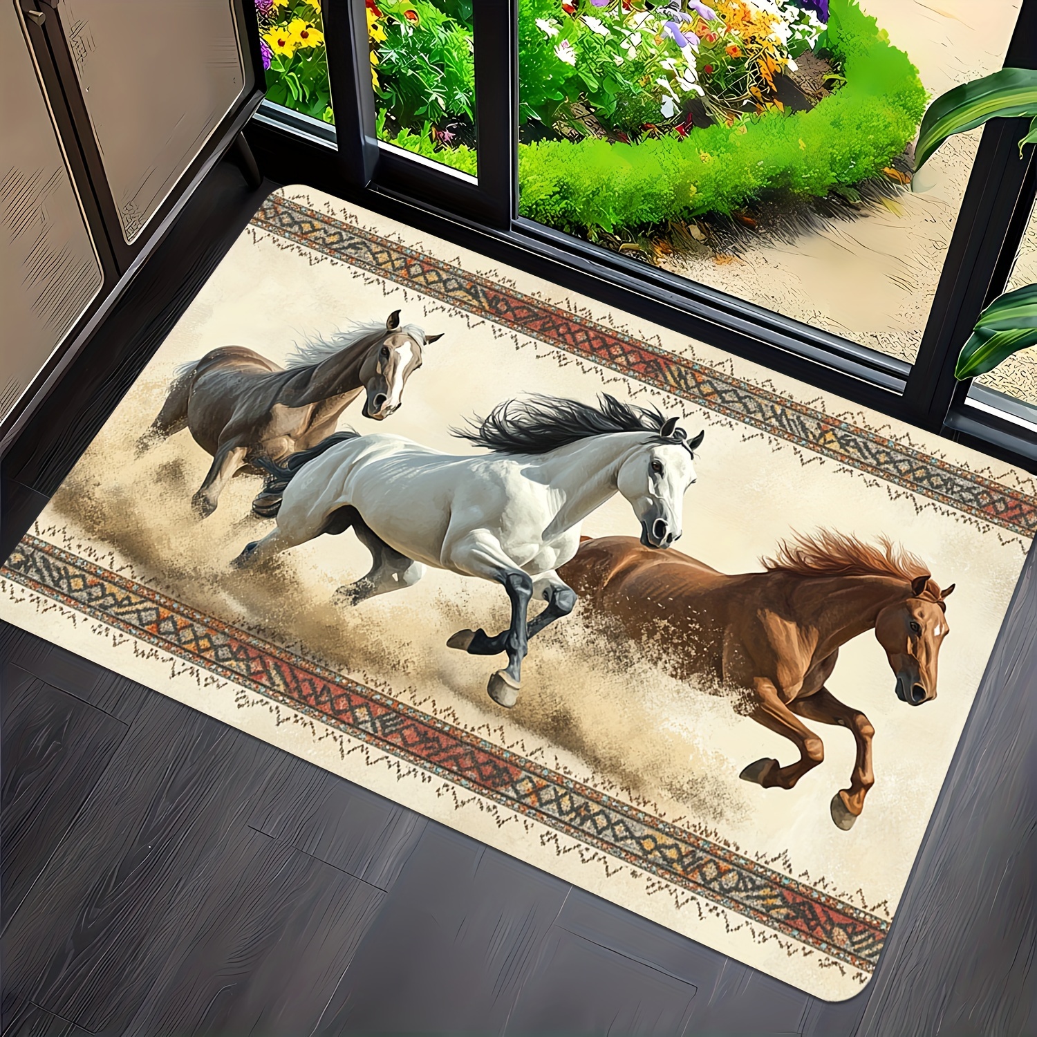 

Extra-thick Horse Print Door Mat - Non-slip, Washable & Absorbent Rug For Indoor/outdoor Use - Home Decor, Laundry Room, Bathroom, Living Room - Country Style, Machine Made Polyester