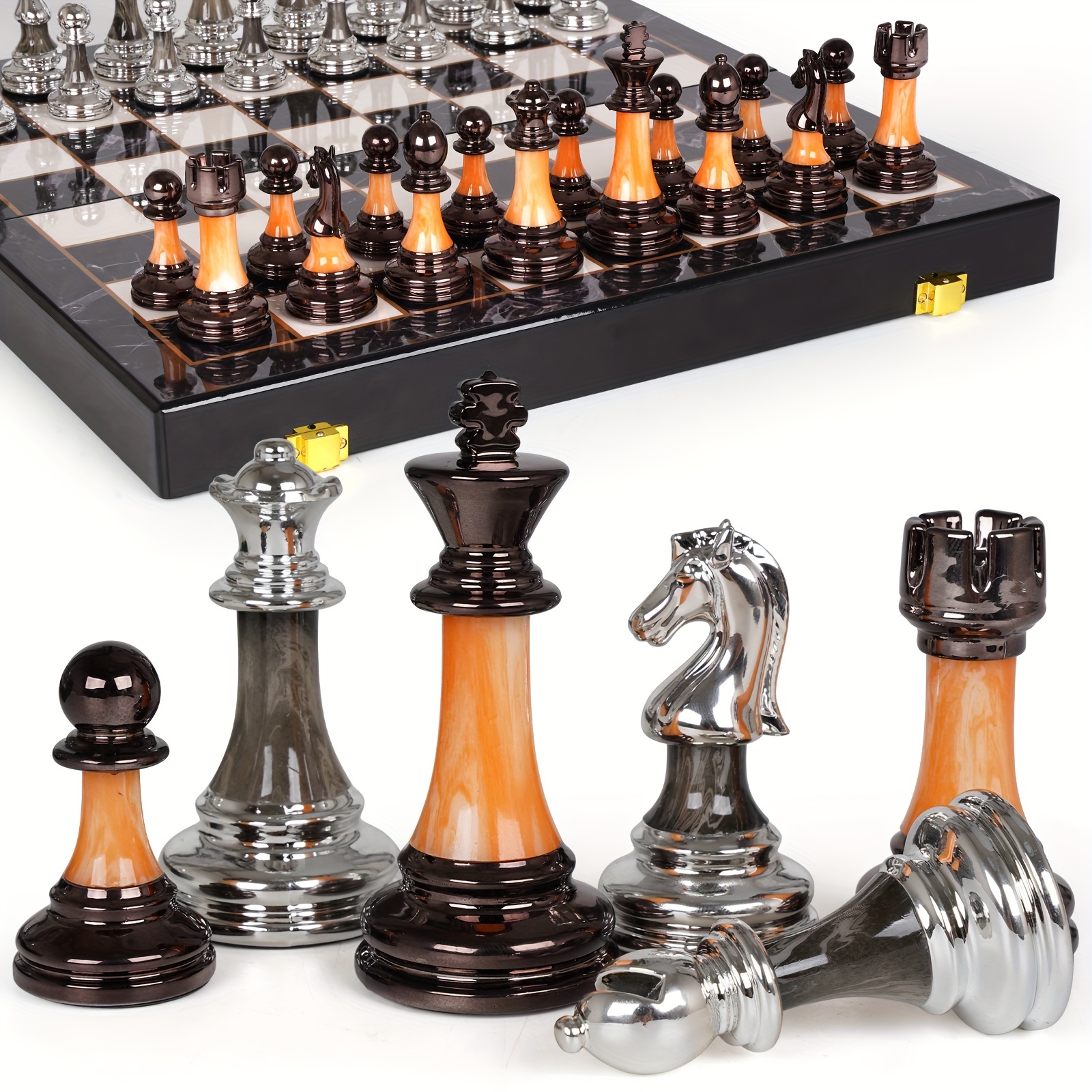 

15" Large Chess Set For Adults With Weighted Acrylic Chess Pieces 3.5" King & Portable Folding Marbling Wooden Chess Board Travel Chess Sets Family Elegant Classic Chess Game